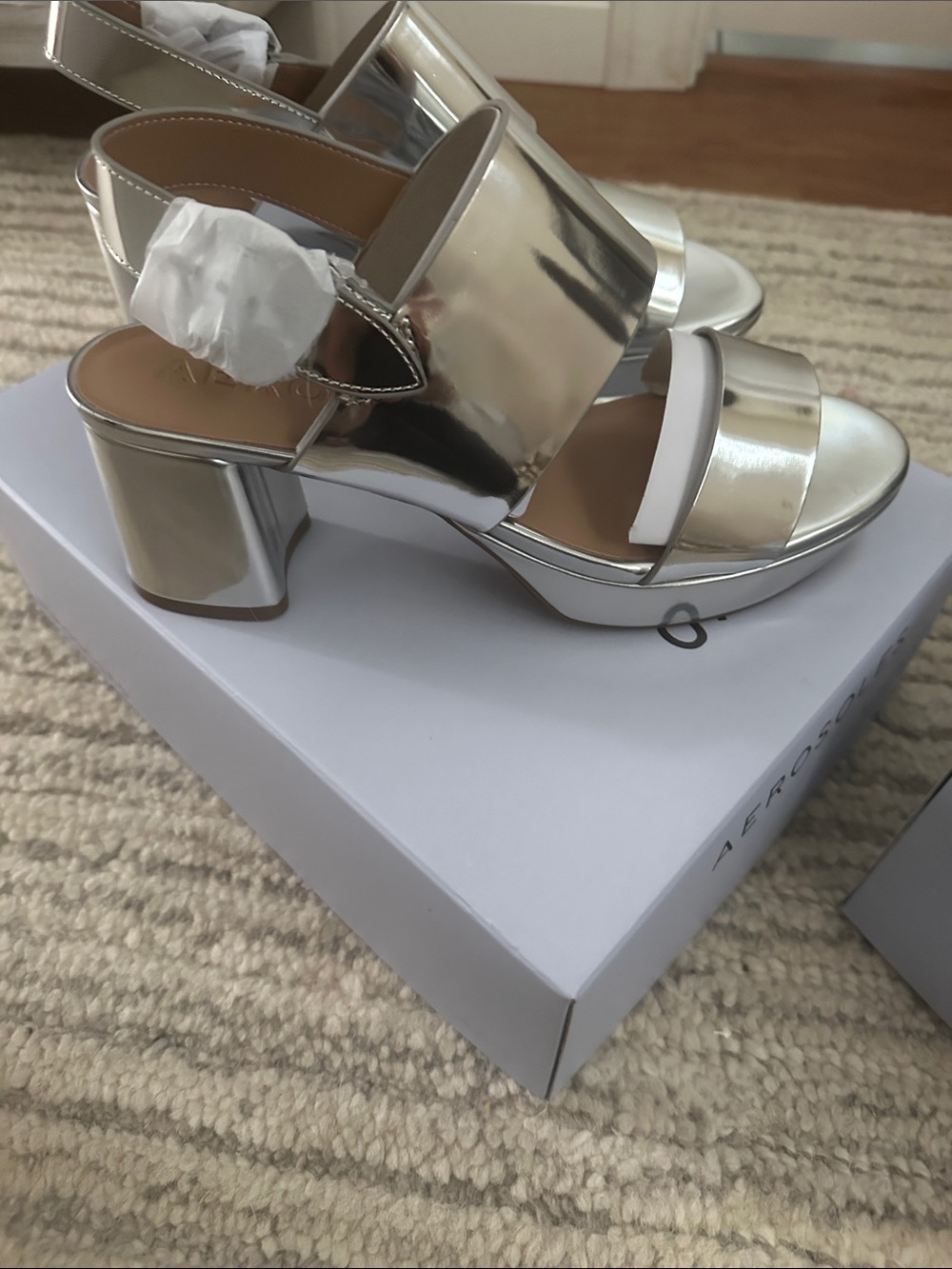 NWT AEROSOLES Metallic Silver Block Heel Sandals